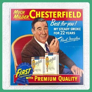 1950s Chesterfield Cigarette Cardboard Advertising Vintage Sign 21" Paul Douglas
